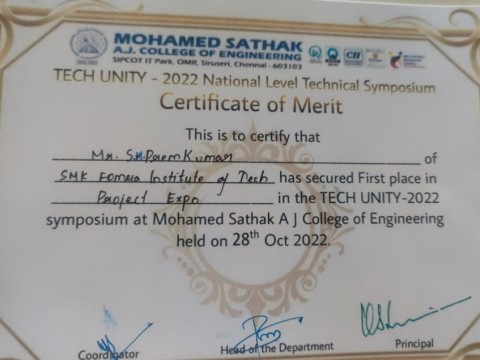 first prize in project expo at mohamed sathak aj college of engineering