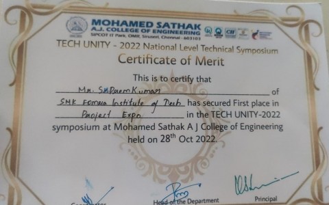 First Prize in Project Expo at Mohamed Sathak AJ College of Engineering